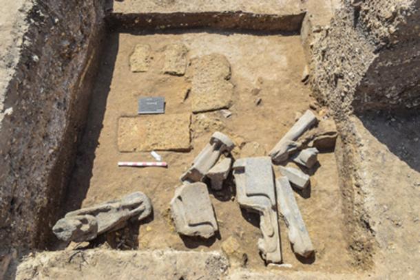 Some of the statues of Sekhmet as they were unearthed in situ. 