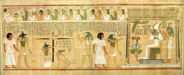Weighing of the heart scene, with Ammit sitting, from the book of the dead of Hunefer.