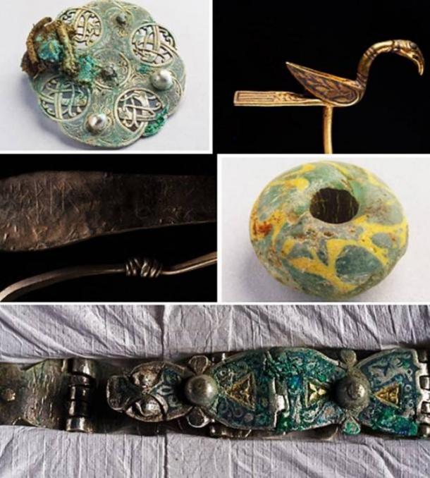 Some of the treasures: A silver disk brooch decorated with intertwining snakes or serpents (Historic Scotland), a gold, bird-shaped object which may have been a decorative pin or a manuscript pointer 