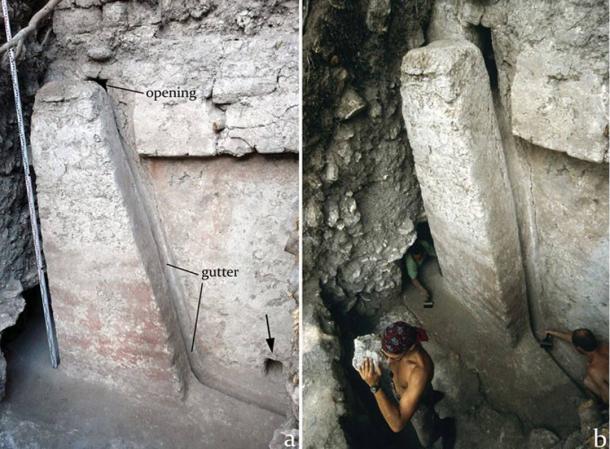 Esta estructura trapezoidal que era parte del sistema de drenaje subterráneo de la Acrópolis puede haber simbolizado una montaña sagrada para el pueblo de Nakum.
