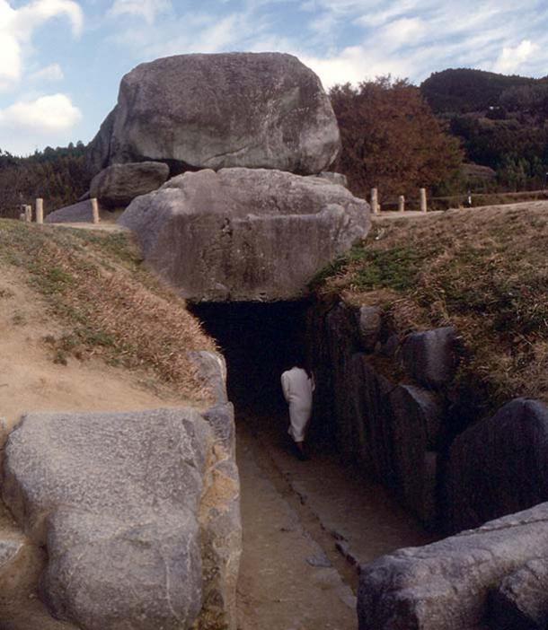 An underground tunnel tomb with its earthen covering removed in Nara Prefecture, Japan