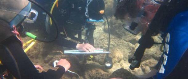 Haifa University underwater archaeologists exploring the seabed at Tel Dor. 