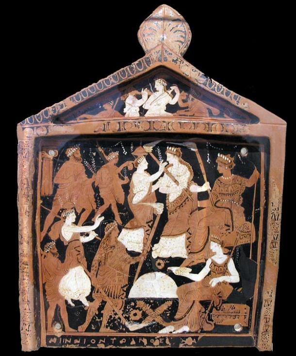 Una placa votiva conocido como el Ninnion Tablet elementos de la Misterios de Eleusis, en el que se cree pociones psicoactivas fueron utilizados durante los rituales que representa.  (Mediados del siglo cuarto antes de Cristo).