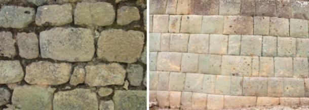 Izquierda: Una pared Cañari con mortero en Ingapirca. Derecha: Una pared Inca sin mortero en Ingapirca