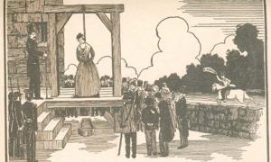 Depiction of the hanging of Elizabeth Wilson, with William Wilson coming with the pardon (from a later edition of The Pennsylvania Hermit).