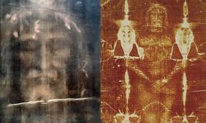 The Shroud of Turin: modern, digitally processed image of the face on the cloth [left] and the full body image as seen on the shroud [right].