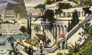 Hand-colored engraving of the Hanging Gardens of Babylon (19th Century)