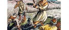 From the Gisla Saga: When Eyjólfur and his men attacked Gísli in overwhelming numbers, Gísli’s wife Auður stood by his side, armed with a club. 