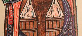 Medieval style bathing depicted in calligraphy of a book circa 1400.