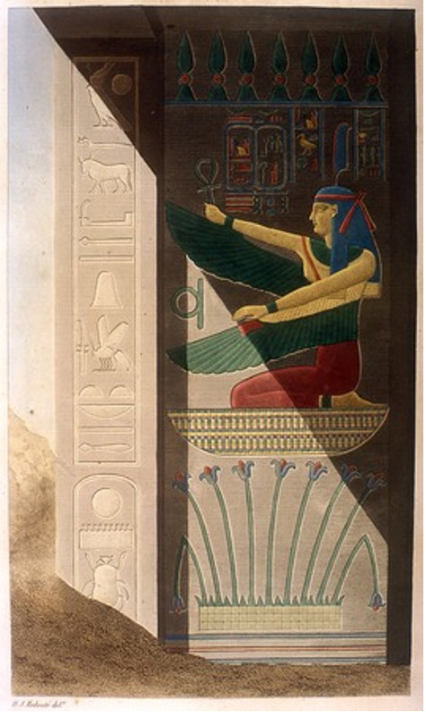 Nombres de Ramsés III;  alas Maat rodillas sobre lirios del Alto Egipto.  Escena de la tumba de Ramsés III.  Por el artista Tresea Dutertre, 1842.