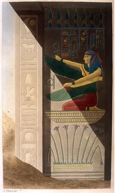 Nombres de Ramsés III; alas Maat rodillas sobre lirios del Alto Egipto. Escena de la tumba de Ramsés III. Por el artista Tresea Dutertre, 1842.