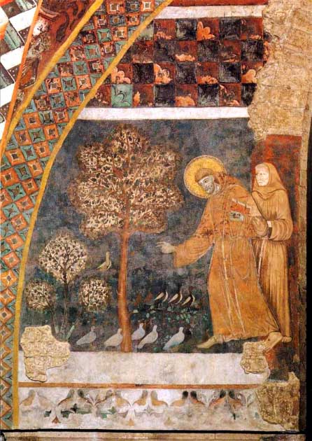 St. Francis of Assisi, preaching to the birds, painting circa 1260 (Public Domain)