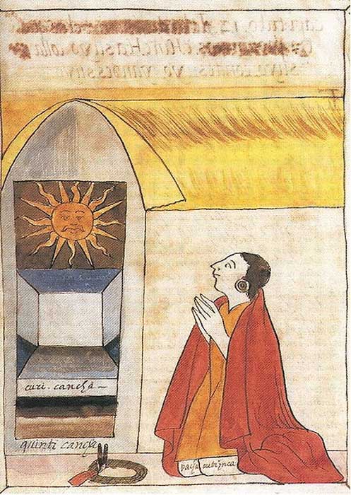 17th century illustration by Martín de Murúa of the Inca Pachacútec praying to Inti, the sun god. ( Public Domain)