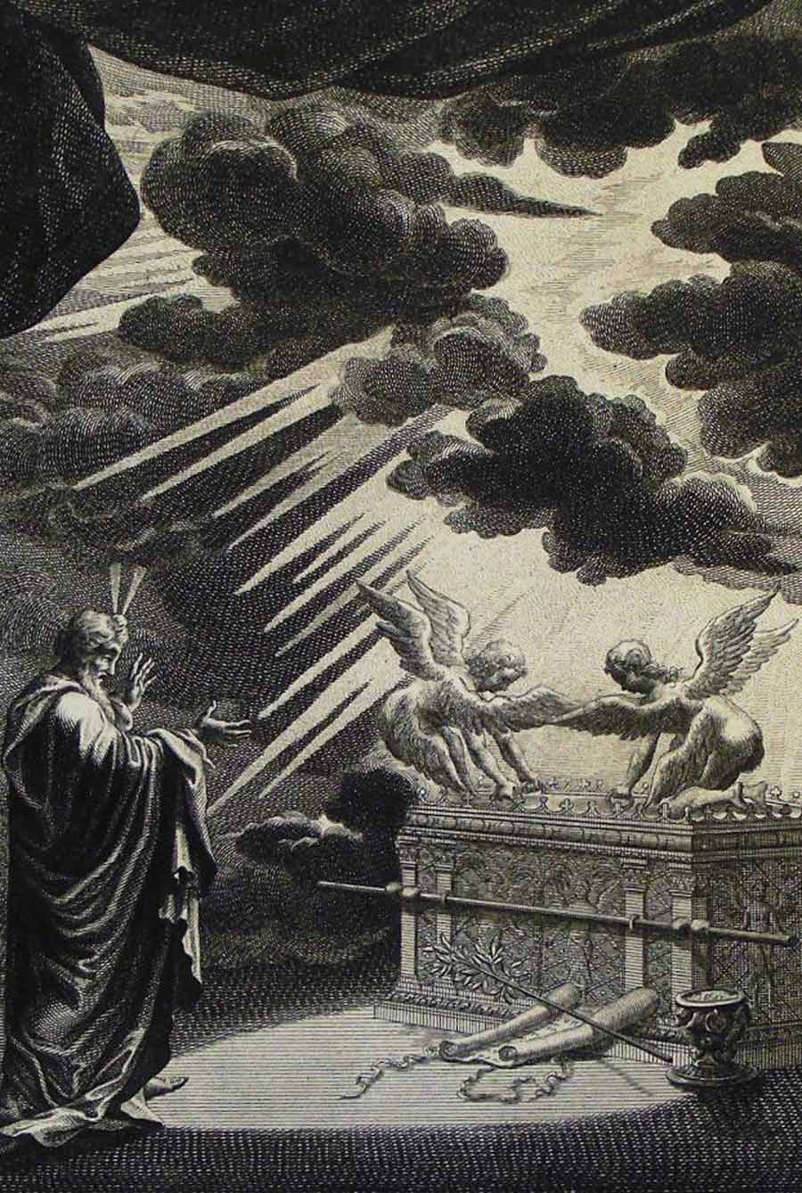 Moses speaks to Yahweh, god of the Israelites, whose presence is between and above the two “cherubim” atop the ark. (Philip De Vere / CC BY-SA 3.0)