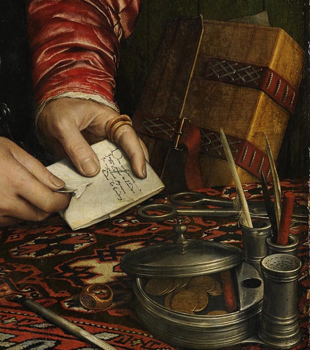 Detail of letter created using letterlocking from a painting of The Merchant Georg Gisze, by Hand Holbein the Younger. (Public domain)