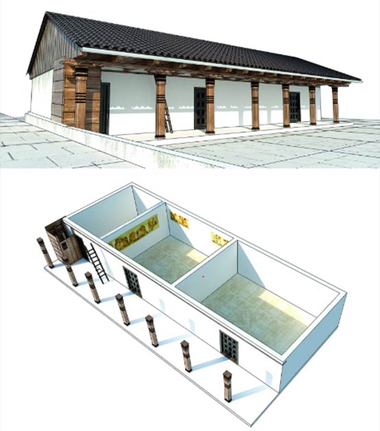 3D model of the house with the murals highlighted (Image: Reconstruction by A. Kaseja; 3D scanning by B. Pilarski / Antiquity Publications Ltd)