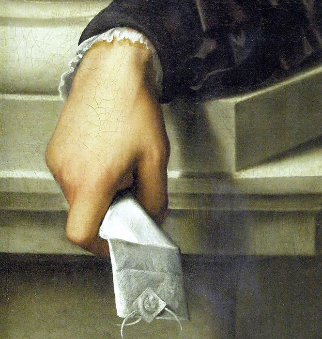 Detail from Portrait de Melchior von Brauweiler by Jan Stephan van Calcar, showing a folded paper letter circa 1540. (takomabibelot / CC BY 2.0)