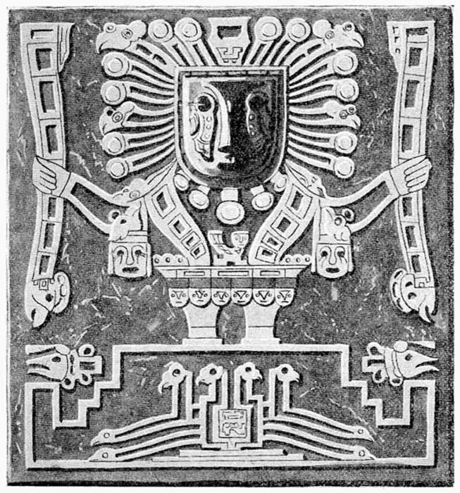 Detalle del llamado Dios Sol en la monolítica Puerta del Sol de Tiahuanaco en Bolivia. (Dominio publico)