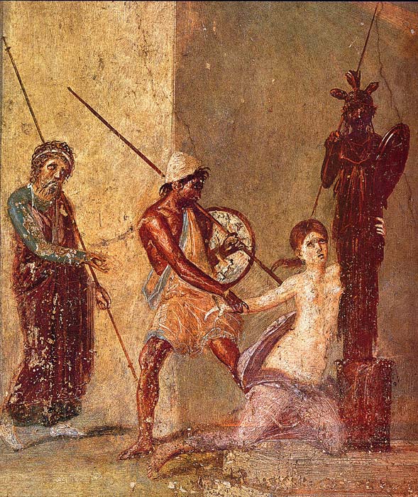 Roman fresco in Pompeii depicting scene when Cassandra clings to the Xoanon, the wooden cult image of Athene, while Ajax the Lesser is about to drag her away in front of her father Priam. (Public domain)