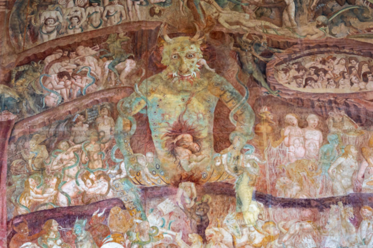 Detail of medieval fresco showing Dante´s inferno. 