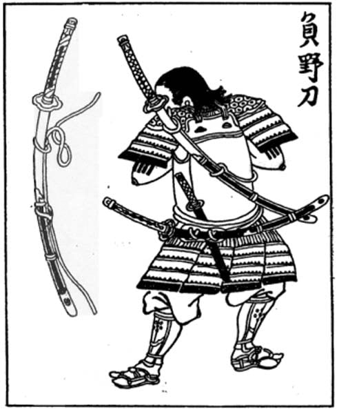 A Japanese Edo period wood block print of a samurai carrying a nodachi (field sword) on his back.