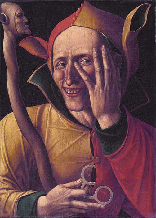 A Jester showing hat with donkey-like ears and staff. ‘The Laughing Jester’ 15th Century. Art museum of Sweden, Stockholm