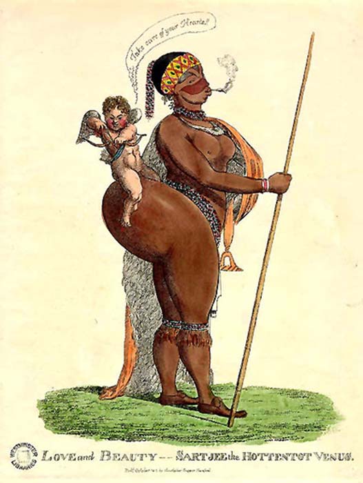 A caricature of Saartjie Baartman, called the Hottentot Venus. Born to a Khoisanfamily, she was displayed in London in the early 19th century. (Julo / Public Domain)