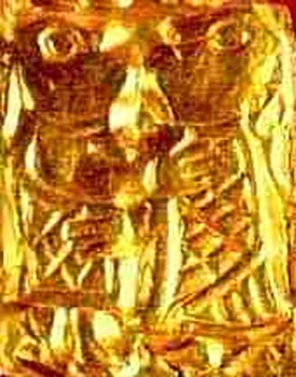 A guldgubbe, an amulet of gold from the iron age, found by Kongsvik, Nordland, Norway in 1747. It is thought to depict the Norse deities Frey and Gerðr.