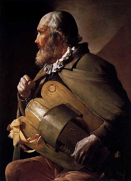 A hurdy gurdy player. Blind Musician by Georges de la tour, 17th century. 