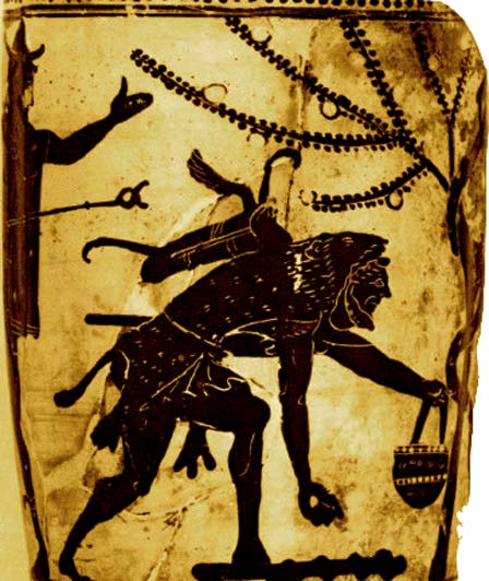 Ase de alrededor del 525 a. C. muestra tanto a Nimrod/Heracles como a Cus/Hermes en el Jardín de las Hespérides. (Proporcionado por el autor)