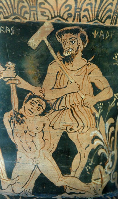 This circa-4th century BC Etruscan red-figure calyx-crater represents Achilles killing a Trojan prisoner in front of Charun, the Etruscan demon of death, related to the Greek Charon