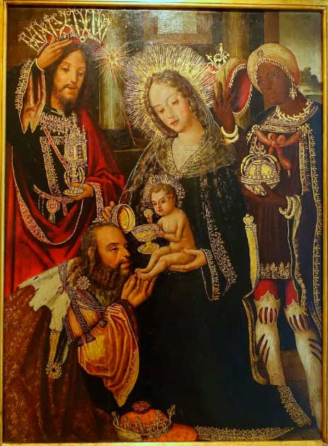 Adoración de los Reyes Magos, retablo del Mosteiro de Celas, de Manuel Vicente hacia 1500 a 1525. (Dominio público)