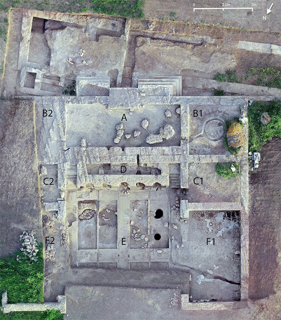 Aerial view of the excavated winery at the Villa of the Quintilii. Production areas are at the top (A–D), and the cellar (E) with adjacent dining rooms (F) in the lower half of the image. (Photo by M.C.M s.r.l and adaptation in Dodd, Frontoni, Galli 2023, Author provided)