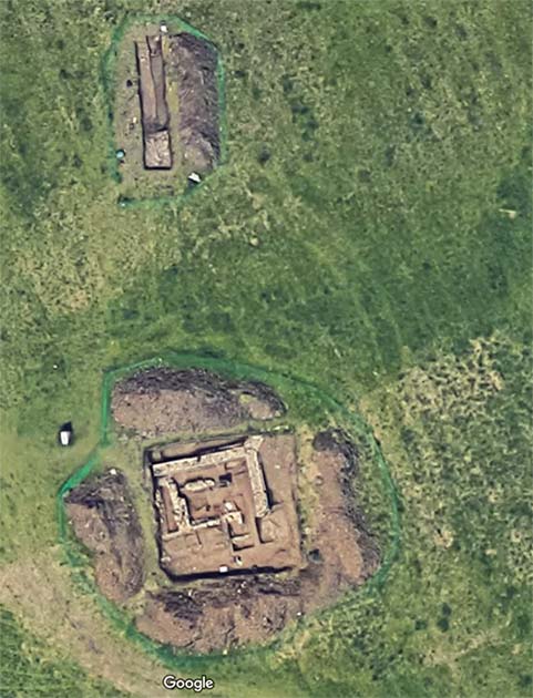 Aerial view of the St. Bride’s Mound excavations. (Google Earth)