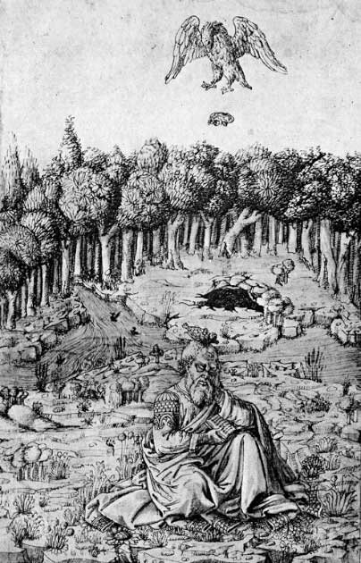 La muerte de Esquilo, ilustrada en la Crónica ilustrada florentina del siglo XV (dominio público)