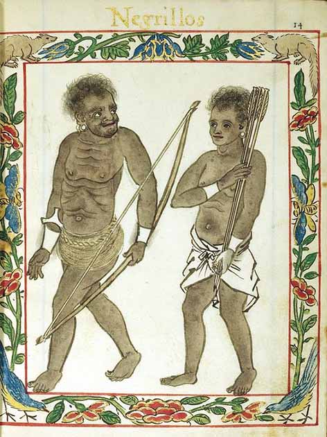 Raffigurazioni dei cacciatori di Aeta dell'isola di Luzon, nelle Filippine, dal Codice Boxer intorno al 1595. Gli Aeta erano uno dei numerosi cosiddetti popoli "Negritos" delle Filippine preispaniche.  (Dominio pubblico)
