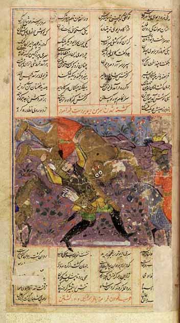 Ο Angra Mainyu (ή Ahriman) σκοτώνεται από τον Faramarz κατά τη διάρκεια μιας σκηνής από το Shahnameh.  (Δείτε σελίδα για συγγραφέα / CC BY 4.0)