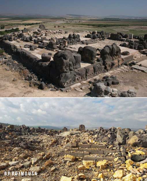 Top: Ain Dara Temple as it was. Bottom: Recent photo of the destroyed site