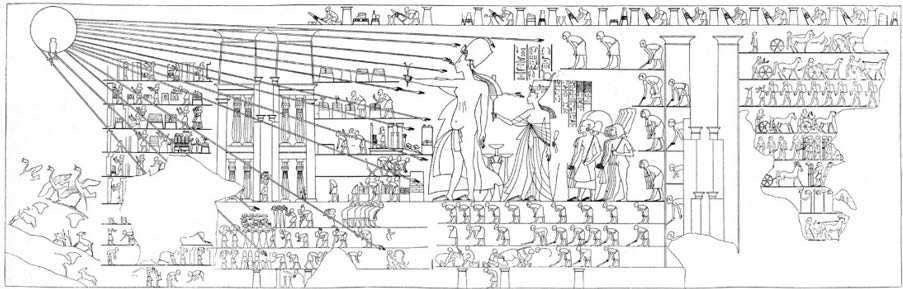 Akhenaten and Nefertiti worship the Aten as it rises in the eastern horizon in a scene in one of the Meketaten chambers. 