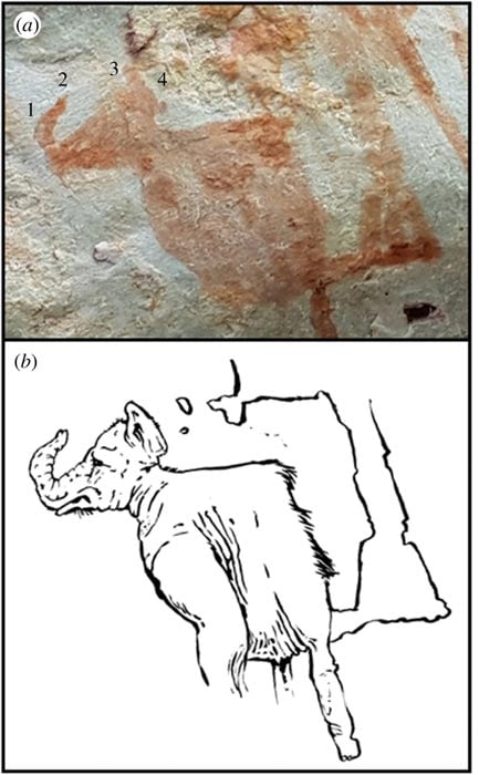 亚马逊岩石艺术包括可能是对 gomphothere 的描绘。 上面的岩石艺术和下面的艺术家重建。 （Iriarte 等人/皇家学会 B）