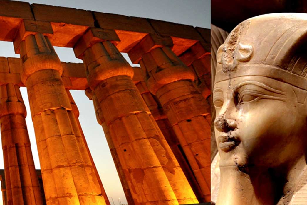 The Great Sun Court of Amenhotep III at Luxor Temple; and detail of a calcite statue shows Amenhotep III with a solar form of the crocodile god Sobek, likely Sobek-Horus; design by Anand Balaji 