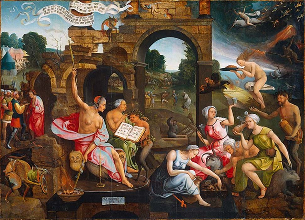 Saul and the Witch of Endor. Inside a magic circle, the witch, sitting on a throne of owls, practices her witchcraft by Jacob Cornelisz van Oostsanen (1526) Rijksmuseum 