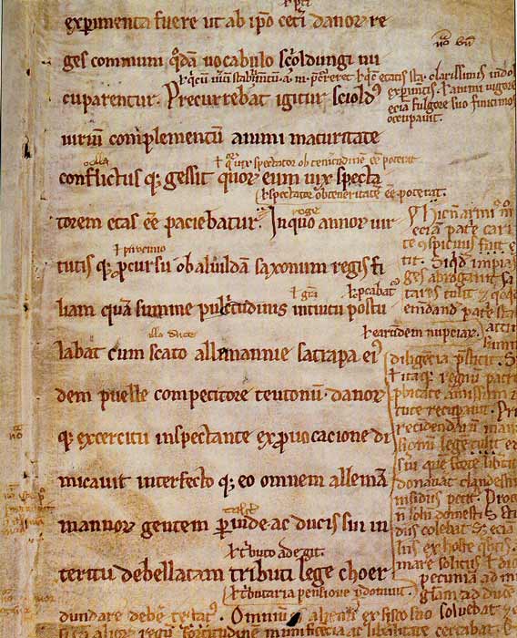 Page 1 of the Angers Fragment of the Gesta Danorum (Deeds of the Danes) manuscript by Saxo the Grammarian, located in the Royal Library of Copenhagen. (Public Domain)