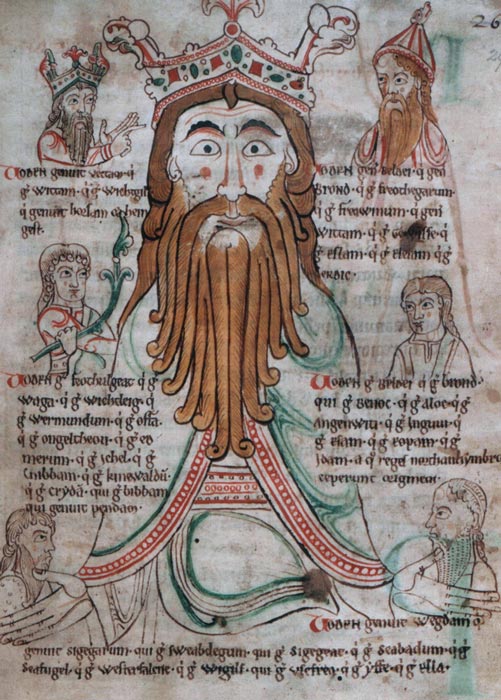 Anglo-Saxon kings were linked to the divine through personal kingship with the god Woden. The image shows Odin & Sons from the 12th-century Libellus de primo Saxonum uel Normannorum adventu. (Public domain)