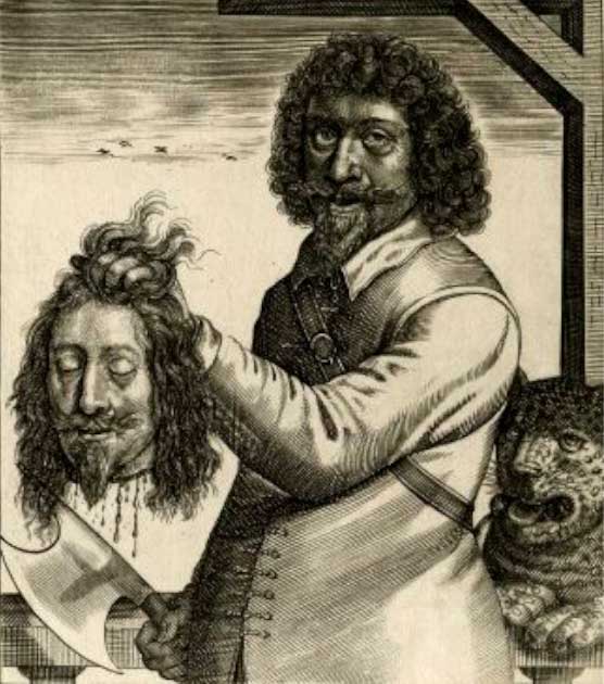 Opuscolo olandese stampato in modo anonimo intitolato "La tragedia assassina", che attacca la decapitazione di Carlo I, che mostra Thomas Fairfax che tiene la testa mozzata del re.  (Dominio pubblico)
