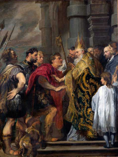 Anthonis Van Dyke's 1619 painting of St. Ambrose blocking the cathedral door, refusing Theodosius' admittance. Saint Ambrose barring Theodosius from Milan Cathedral (Public Domain)