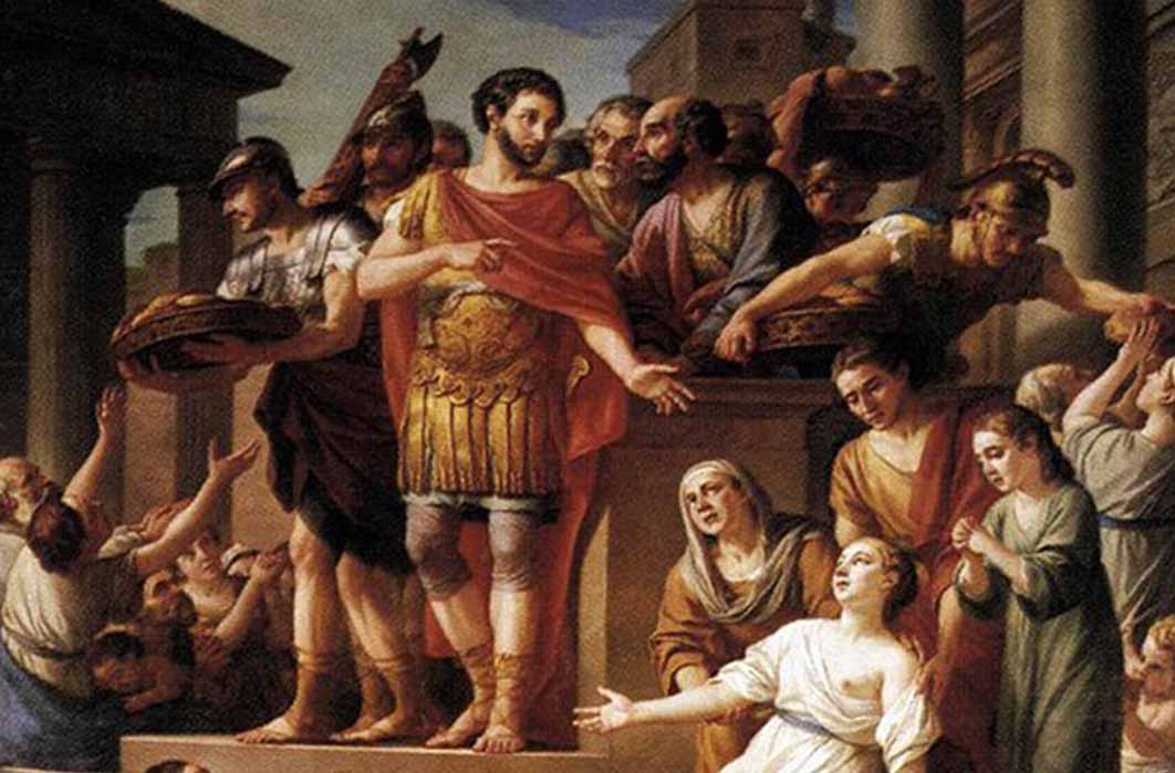 Marcus Aurelius Distributing Bread to the People, by Joseph-Marie Vien  (1765) Musée de Picardie (Public Domain)