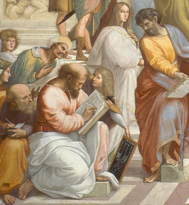 Archytas became a Pythagorean, fascinated by arithmetic, mathematics and geometry. Raphael’s fresco, The School of Athens, shows Pythagoras as a young man. (Public domain)
