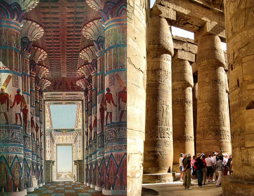 Izquierda: Representación artística de las columnas de la sala hipóstila de Karnak. (Dominio público) Derecha: Fotografía de las columnas de la sala hipóstila de Karnak. (Francisco Anzola / CC BY 2.0)