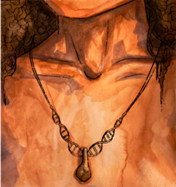Artistic interpretation of the pendant with dark DNA cordage. (© Myrthe Lucas/Nature)